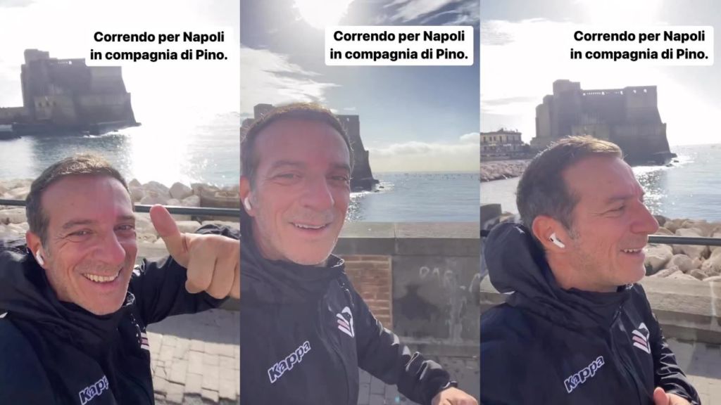 Salvo Ficarra porta a Napoli la sua Palermo: jogging sul mare con il k-way della squadra rosanero